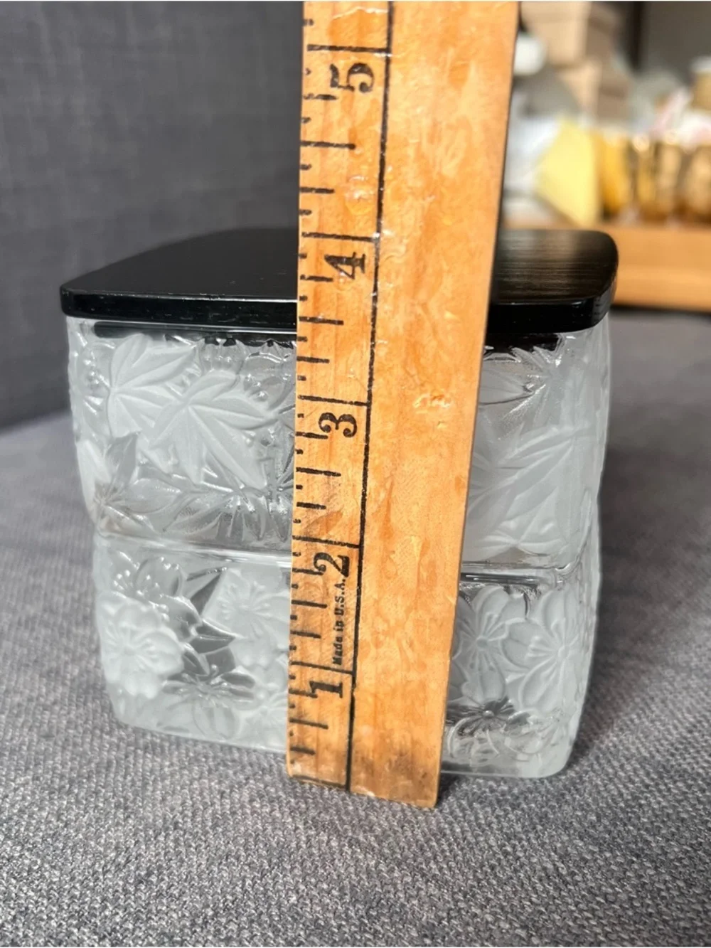 Princess House Fantasia Frosted Floral Glass Jewelry Jar with Black Lid